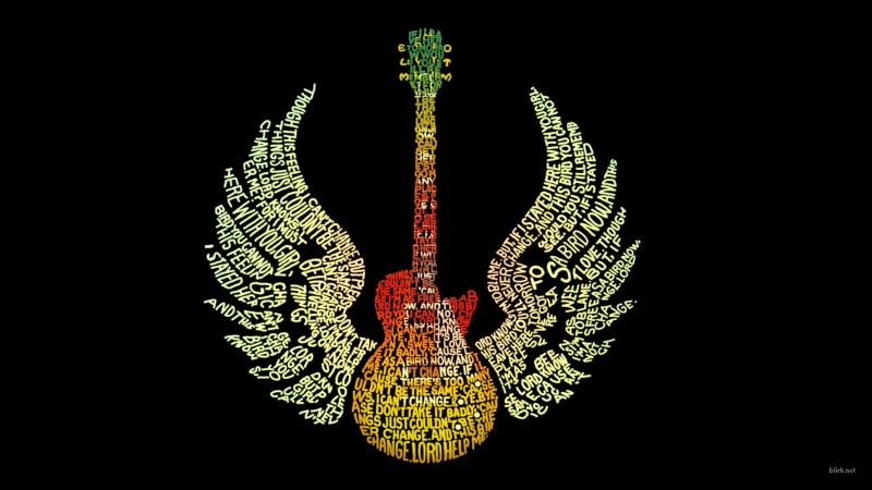 festival, logo, studio shot, guitar, holiday, typography, celebration, close-up, illuminated, black background, night, 1080P, indoors, decoration, art and craft