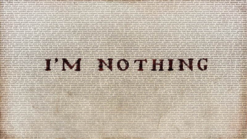 no people, message, sign, depressing, single word, indoors, full frame, western script, burlap, black color, white color, overlay, business, sack, m, communication