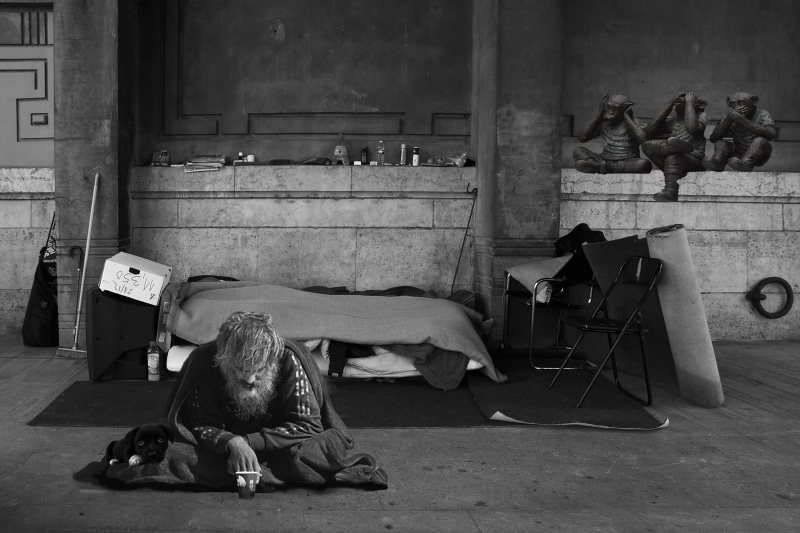 lifestyles, architecture, misery, road, men, means tested, casual clothing, hear nothing, lying down, composing, bed, small dog, building, grayscale, three wise monkeys