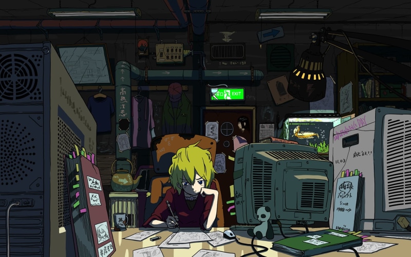 one person, lighting equipment, computer, anime, technology, text, boy, writing, rear view, working, sunlight, crt, men, 720P, communication, real people