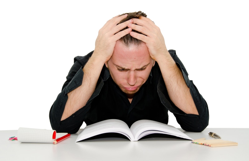 student, hopelessness, activity, human Head, session, despair, studio Shot, eyes Closed, textbook, failure, females, book, desk, physical Pressure, reading