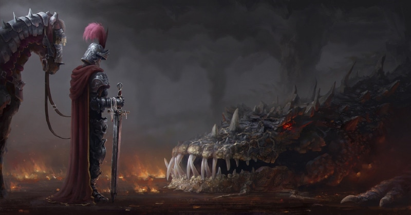 dragon, cloak, fangs, fog, sword, knight, hackle, 1080P, slam, mouth, defeated, armor plate, Andrei Polenov, horse