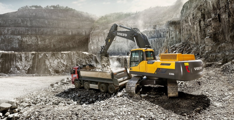 Volvo EC3500L, excavator, quarry, EC3500L, bucket, caterpillar, Volvo, the excavator boom, dump truck, truck, red cabin, loading, cabin, stone, 1080P