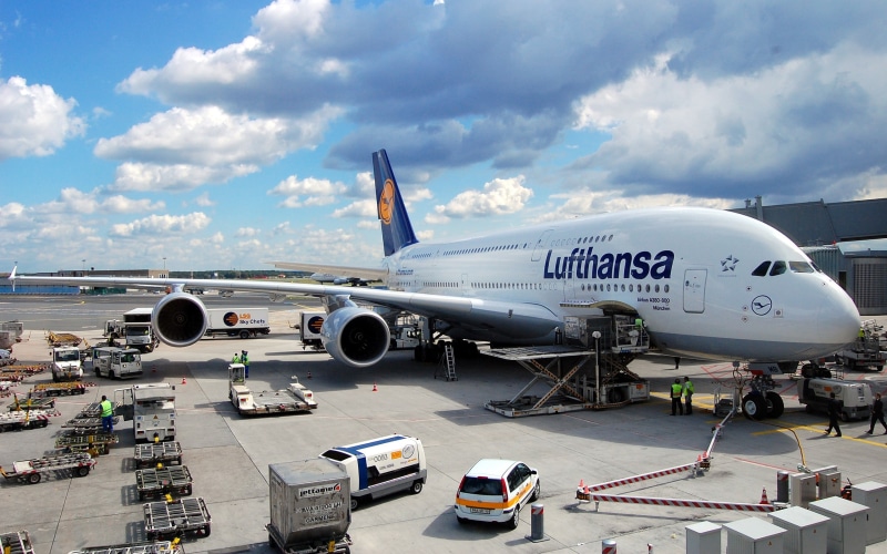 jet engine, commercial airplane, day, travel, Airbus, sky, stationary, Lufthansa, leaving, industry, cloud - sky, airport runway, airport, engine, aerospace industry