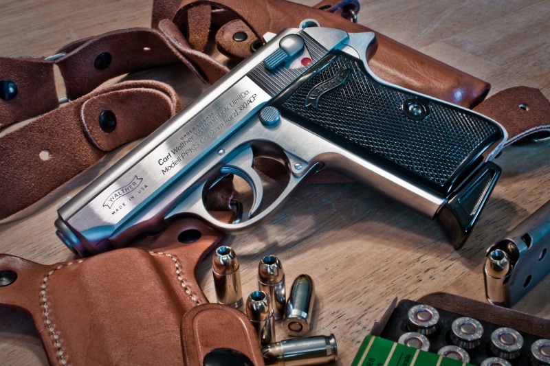 weapons, still life, luggage, work Tool, weapon, PPK/S, bag, close-up, steel, pistol, army, bullet, communication, large group of objects, metal, table