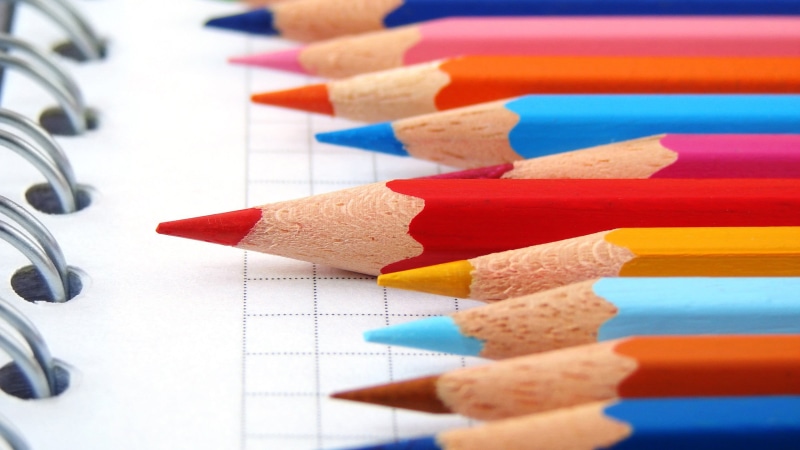 art and craft equipment, top, focus, colors, still life, selective focus, sharp, in a row, paper, close-up, wood - Material, colored pencil, photo, yellow