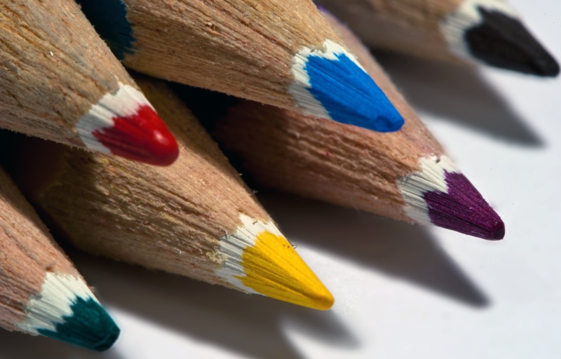 2K, macro, colored pencil, detail, group of Objects, close-up, colour, multi Colored, red  blue, cannon, purple, white, Pencils, colored, variation, yellow