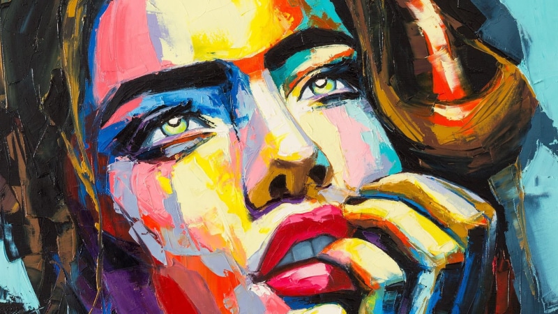 woman, art and craft, dreaming, female likeness, painted, close-up, paintings, portrait, human representation, day, backgrounds, pretty, 1080P, representation