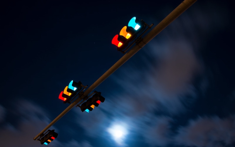 outdoors, city, communication, nature, motion, traffic, road signal, sign, four, assorted, traffic lights, no people, low angle view, transportation, night