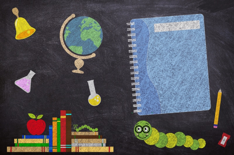 multi colored, 4K, school launch, bell, chalk drawing, black background, background, directly above, learn, creativity, books, chalk - art equipment, education