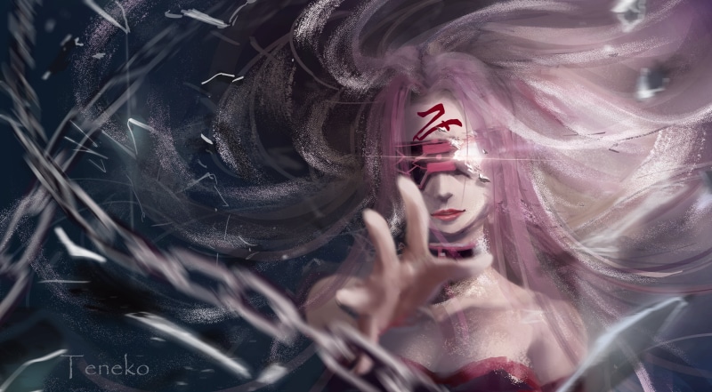 Fate Series, fan art, 2D, FGO, blindfold, fate/stay night: heavens feel, anime girls, long hair, 5K, chains, Rider (Fate/Stay Night), Fate/Stay Night