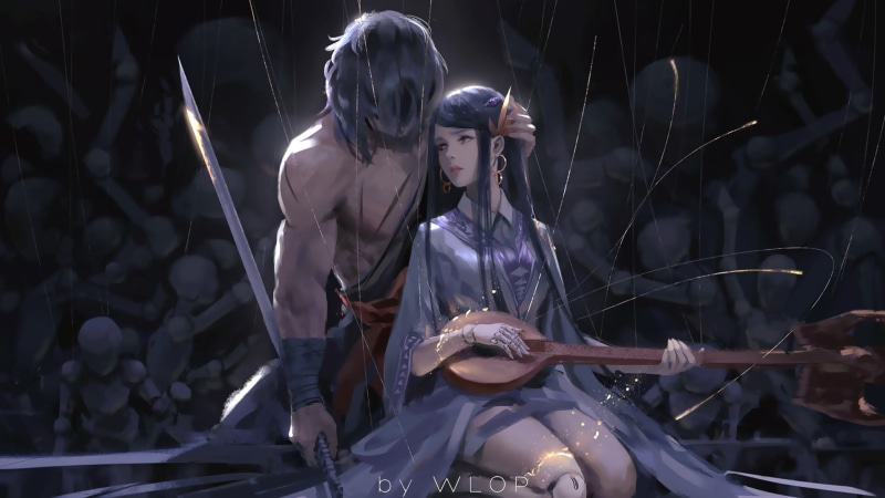 1080P, musician, android, couple, musical instrument, feeling, man, warrior, DNF, artwork, asian, anime girl, Wlop, fantasy, mood, woman, lute, weapon