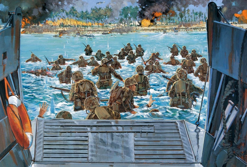 Marines, artist, canvas, theatre, animal wildlife, soldiers, animals in the wild, built structure, the, the battle, Atoll, victory, 1943., animal themes