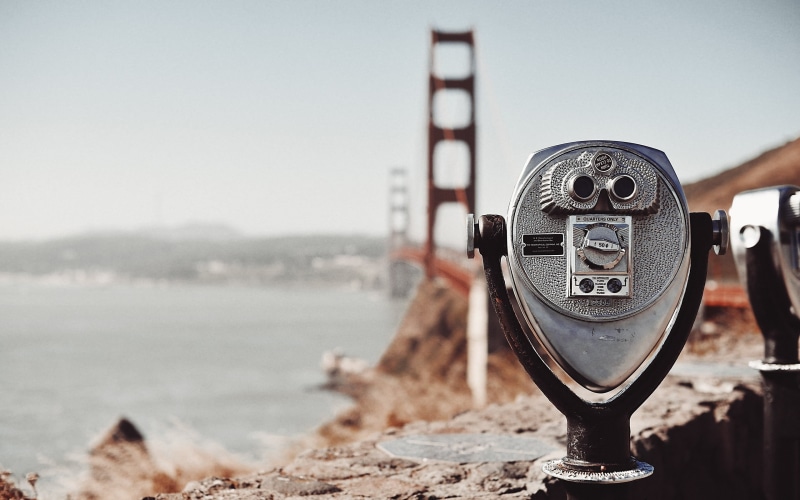 technology, beach, equipment, binoculars, cityscape, urban Scene, Golden Gate Bridge, travel, watching, optical Instrument, sky, city, outdoor, magnification