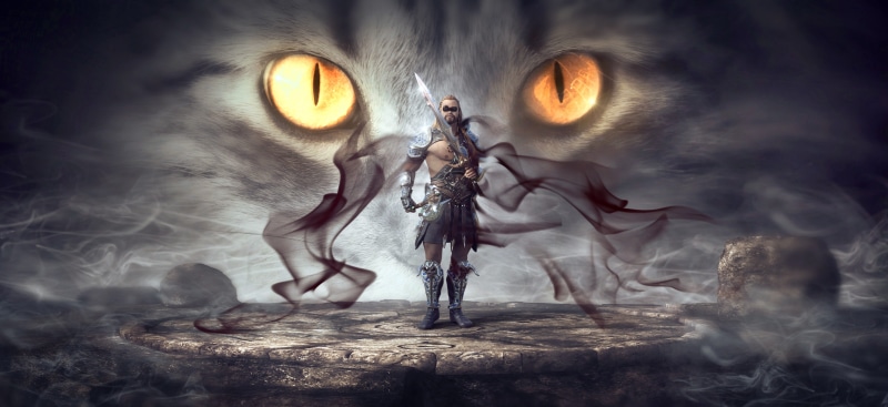 fantastic, courageous, night, horror, witch, adult, strength, mystery, photomontage, dramatic, nature, haze, gloomy, smoke, fog, magic, muscular, one person