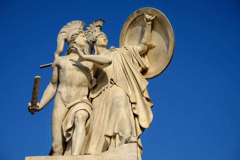 figures, angel, monument, closed bridge, art and craft, creativity, belief, sky, blue, sculpture, athena, low angle view, angle, human representation, representation