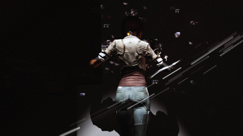 clothing, one person, Remember Me, arts culture and entertainment, motion, lifestyles, rear view, denim, indoors, video games, architecture, illuminated