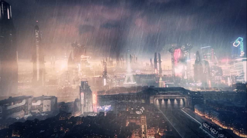 sky, screen shot, outdoors, snowing, video games, built structure, rain, Remember Me, illuminated, 720P, architecture, building exterior, travel destinations