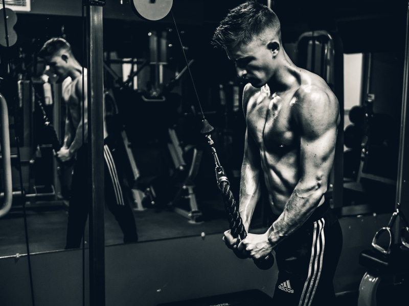 muscular build, man, healthy lifestyle, strength, cable, workout, weight training, shirtless, human muscle, strong, effort, physical activity, no shirt