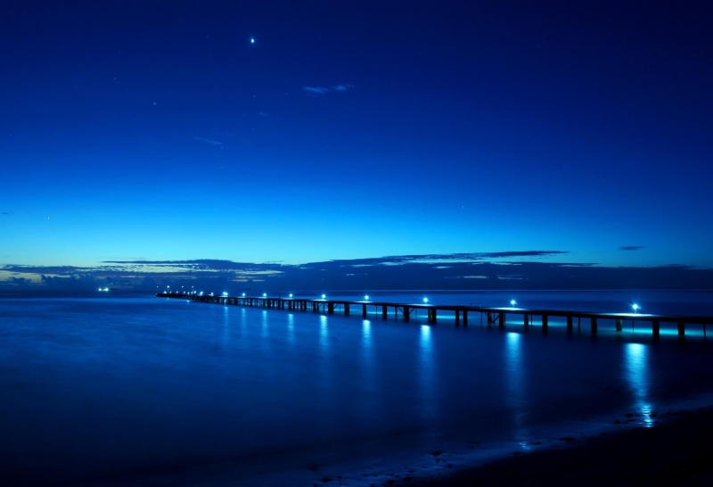 water, jetty, sunset, sky, sea, calm, bridge, island, way, night, never give up, blue sky, dusk, 1080P, blue, maldives, path