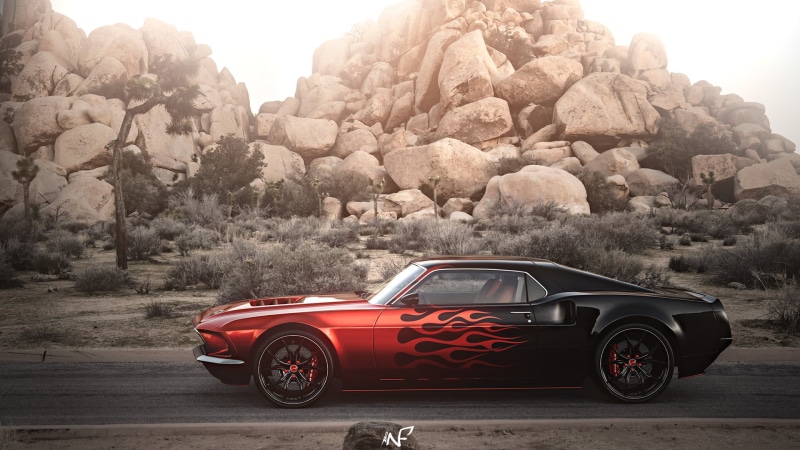 street, nature, no people, rock, plant, coupe, red, mode of transportation, built structure, retro styled, day, rocks, Ford Mustang, black, car, cast, tree