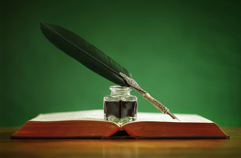 antique, paper, ink, manuscript, the past, wood - material, green color, single Object, indoors, publication, gold, backgrounds, old-fashioned, ink Well