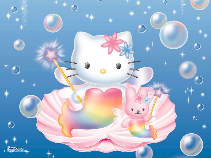 Hello Kitty, hello, kitty, hd, anime, art, shell, mermaid, bubbles, 480P