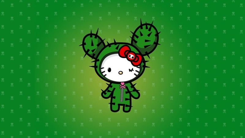 green background, decoration, Hello Kitty, art, animal representation, close-up, art and craft, colored background, nature, anthropomorphic smiley face