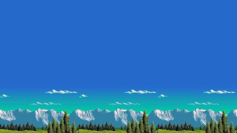 field, environment, tree, clear sky, 8-bit, low angle view, plant, no people, tranquility, mountain, retro games, pine, 1080P, blue, copy space, tranquil scene
