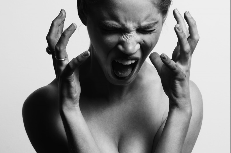 keylight, front view, hanging, photo, insanity, furious, irritation, aggression, woman, one person, greyscale, opening, yell, stop, 1080P, crazygirl, facial expression