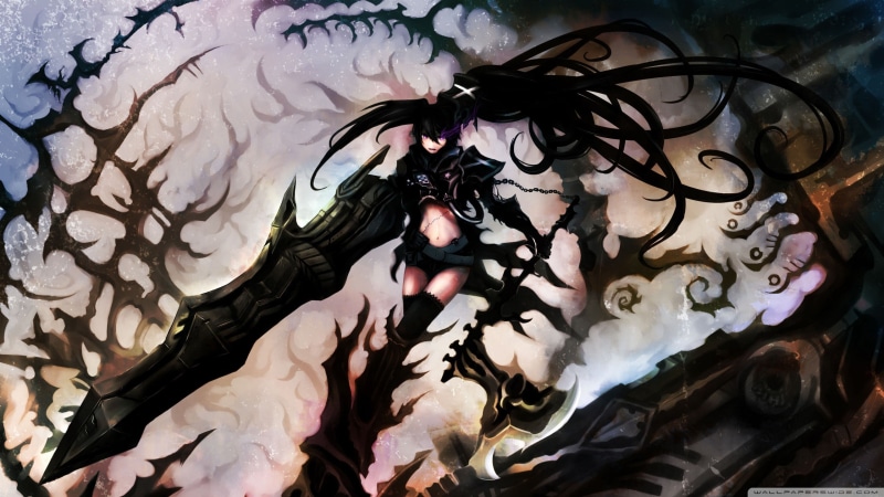 2K, warrior, fangs, Black Rock Shooter, weapon, long hair, Insane Black Rock Shooter