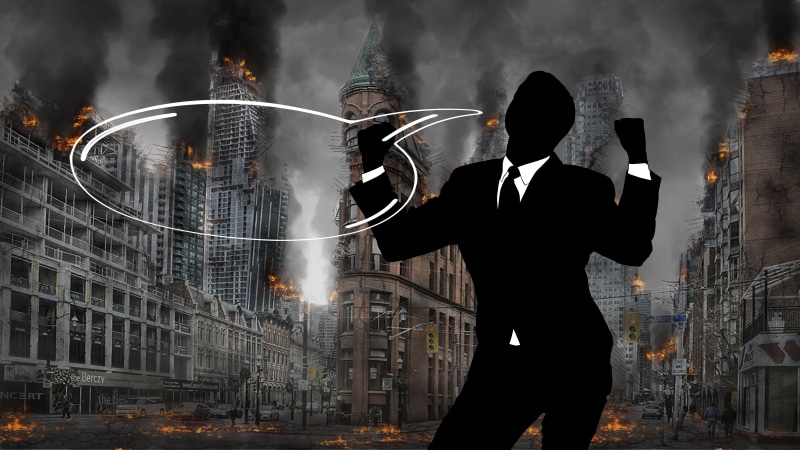building, building exterior, setting, hybris, stupidity, smoke - physical structure, one person, high spirits, business, men, suit, joy, flames, smoke