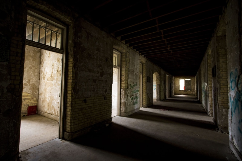 architectural column, no people, indoors, sunlight, architecture, nature, scary, shadows, history, corridor, built structure, old, hallway, abandoned, colonnade