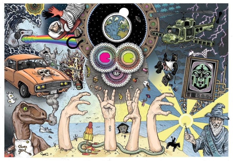 space, food, wtf, animals, velociraptor, hd, Fire, artistic, dinosaurs, earth, surreal, 720P, rainbows, outer, Cartoons, sharks, art, outer space, bears