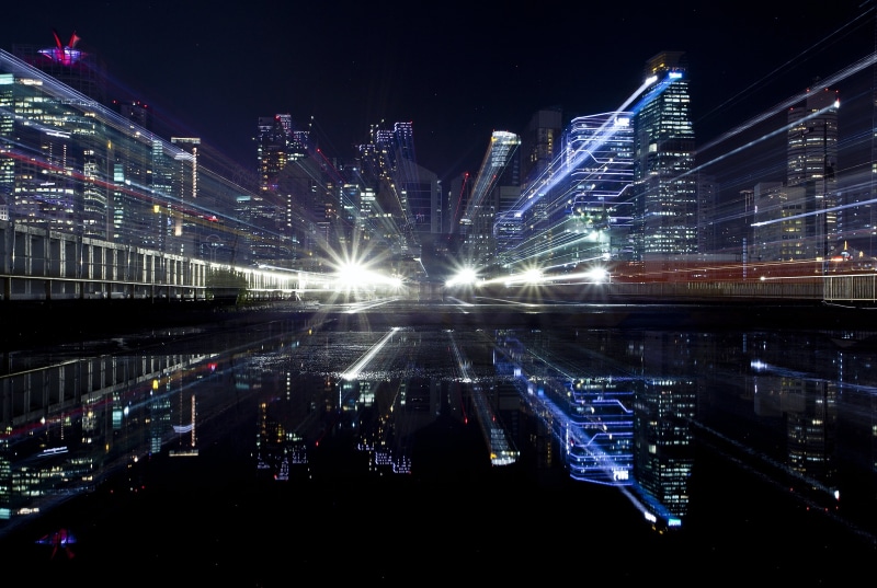 skyline, urban skyline, lightrailer, building exterior, outdoors, reflection, building, landscape, town, nighttime, tower, blue, road, 2K, downtown district