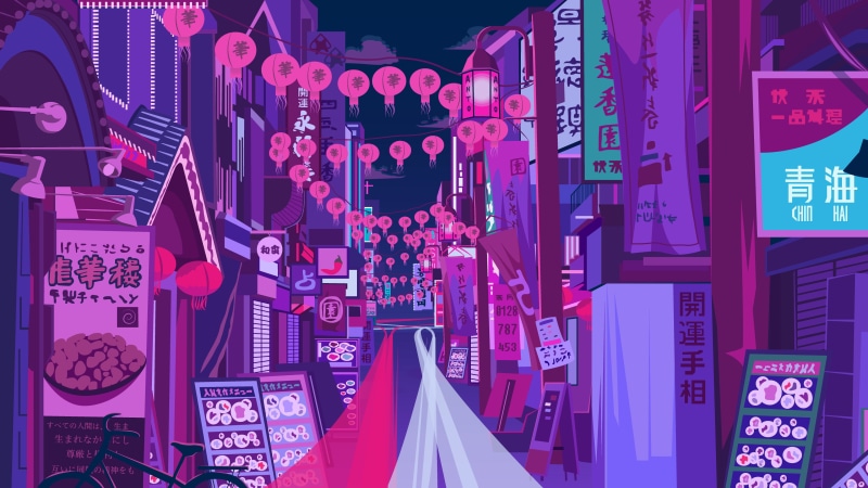 city lights, neon, stores, purple, store front, pink, building, Small Alley, paper lantern, shutters, 4K, town, head lights, tail light, blue, long exposure