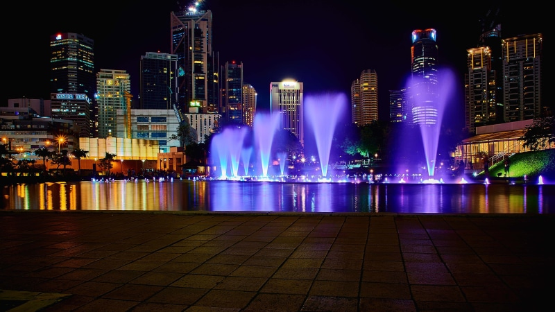urban skyline, long exposure, reflection, office building exterior, architecture, sky, nighttime, time, no people, dark, motion, landscape, skyscraper