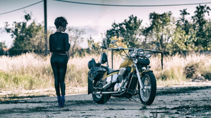 outdoors, tree, women outdoors, freedom, motorcycle, black clothing, bicycle, women, chopper, nature, plant, rear view, Harley Davidson, land vehicle, mode of transportation