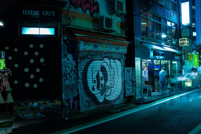 lighting equipment, asia, script, store, tokyo, building exterior, blue, future, nightlife, food, shibuya, night, cool, 4K, incidental people, communication