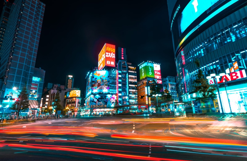 city street, transportation, intersection, speed, 5K, motion, road, office building exterior, architecture, shinjuku, light trail, movement, time, city life