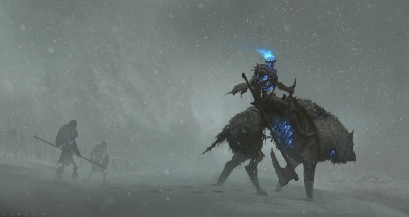outdoors, knight, animal, snow, man, two people, fantasy art, men, full length, winter, snowing, 1080P, transportation, motion, adult, nature