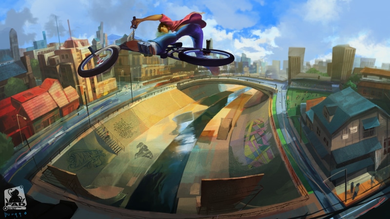 bike, architecture, amusement park ride, fairground, jumping, day, bmx, amusement park, skatepark, built structure, sky, cloud - sky, boy, transparent