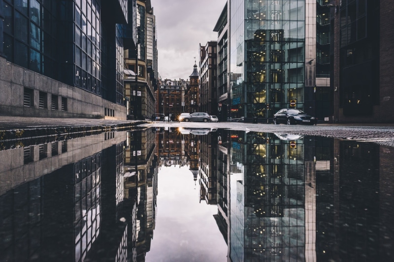 car, office building exterior, symmetry, building Exterior, new York City, architecture, urban, canal, puddle, building, day, uSA, outdoors, river, water