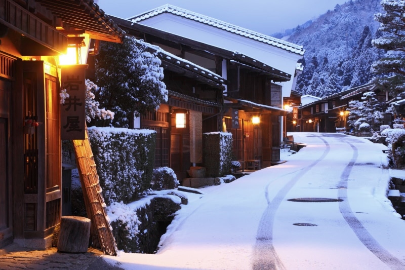 mountains, residential district, Japan, snowing, building exterior, beside, 720P, built structure, architecture, covered, road, outdoors, tree, house