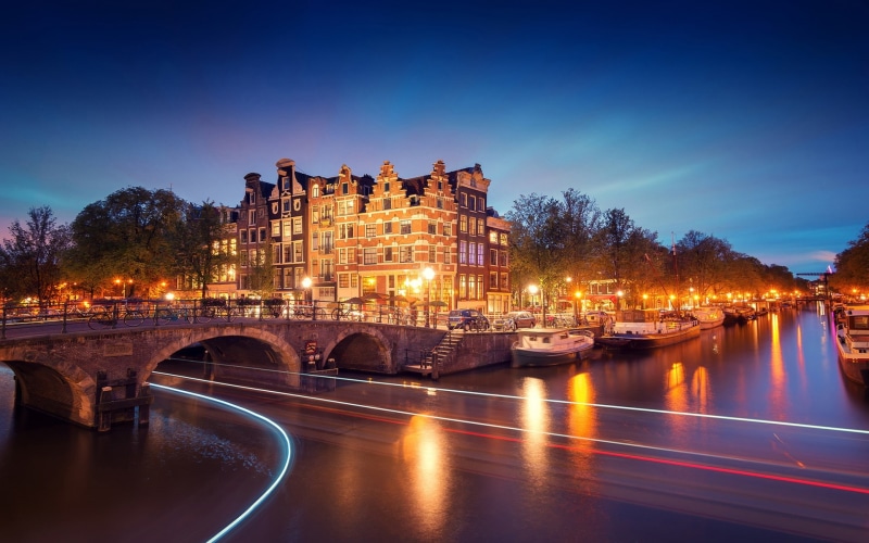 River, Canal, 1080P, Nederland, Night, Lights, City, Boats, Bridge, Amsterdam, Houses