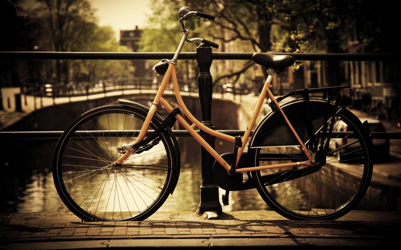 a city bicycle, Netherlands, bridge, canal, 2K, bicycle, fence, Amsterdam