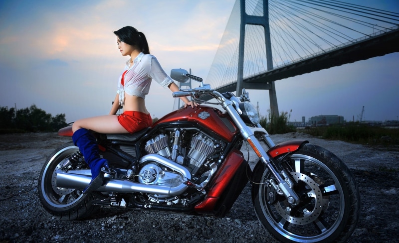 Harley Davidson, full length, 1080P, lifestyles, land vehicle, davidson, fashion, riding, young adult, adult, sky, sitting, black, red, one person, nature