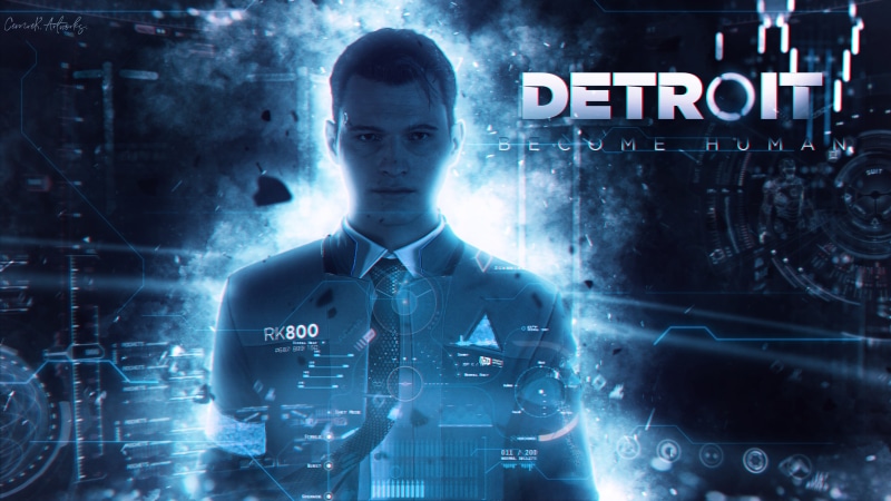 games art, contemplation, digital composite, Detroit: Become Human, indoors, computer, projection, futuristic, internet, 4K, front view, men, technology