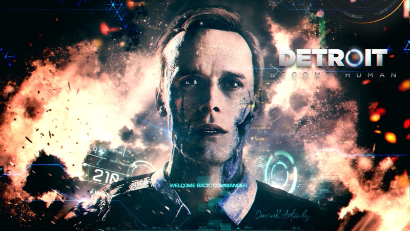 Detroit: Become Human, sign, headshot, city, real people, 4K, composite image, architecture, men, communication, night, front view, digital composite