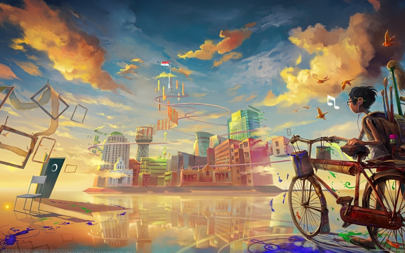 flag, digital art, DeviantArt, musical notes, colorful, futuristic, surreal, reflection, 2K, painting, clouds, chair, fantasy art, city, birds, bicycle